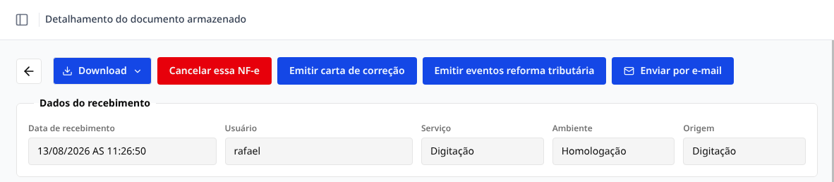 Barra de ações do detalhamento da nota