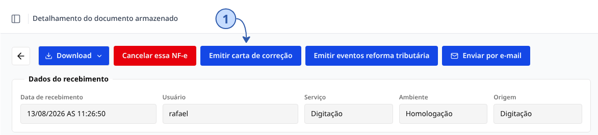 Barra de ações do detalhamento da nota