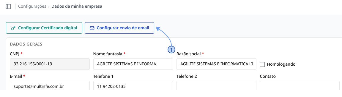 Botão Configurar envio de email na tela Dados da minha empresa