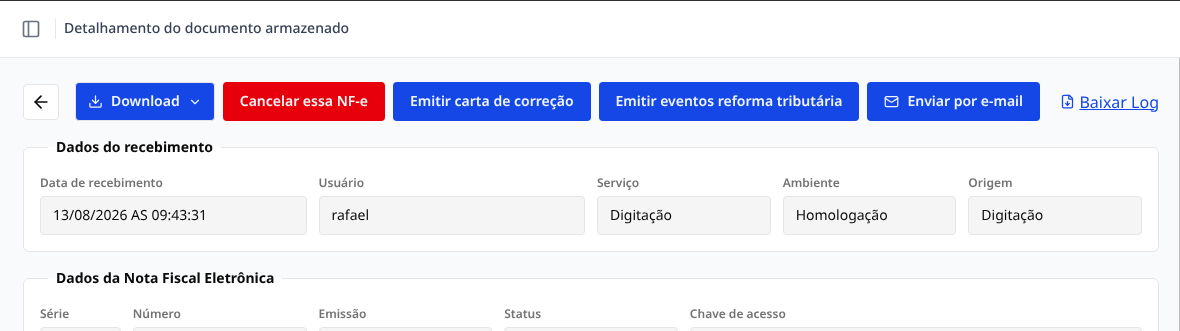 Barra de ações do detalhamento da nota
