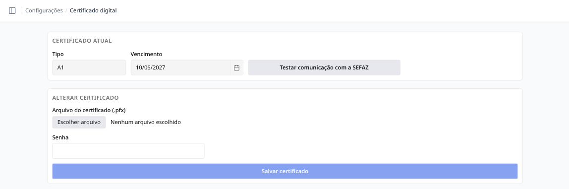 Bloco Certificado atual com o botão de teste