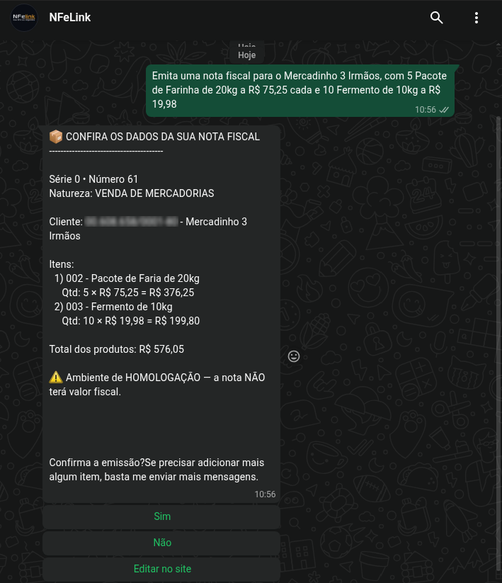 Conversa no WhatsApp com o resumo da nota e os botões de confirmação