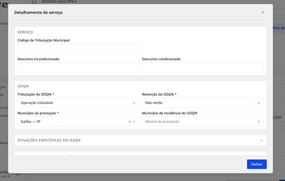Janela Detalhamento do serviço