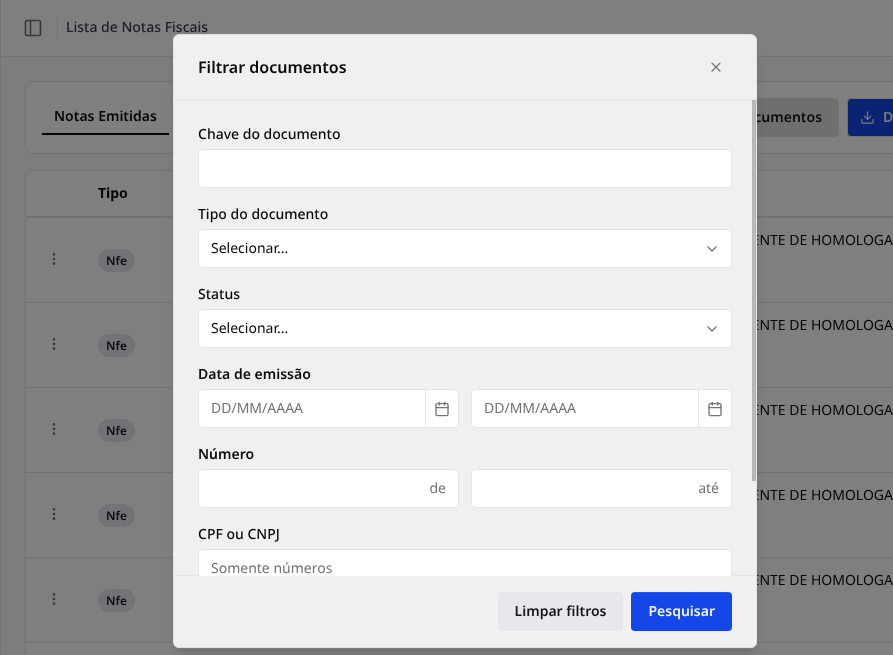 Janela Filtrar documentos