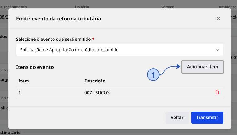 Janela Adicionar item ao evento