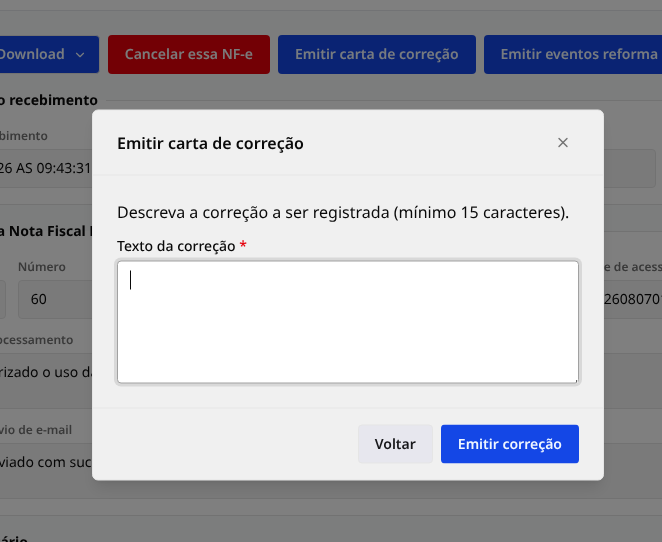 Janela Emitir carta de correção