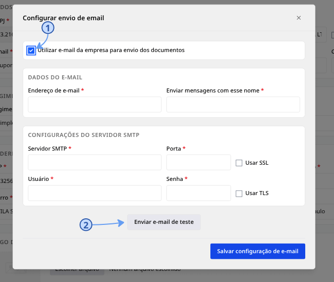 Janela Configurar envio de email