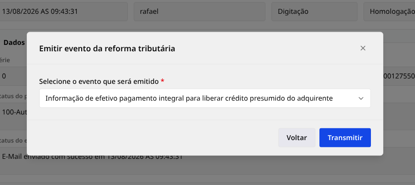 Janela Emitir evento da reforma tributária