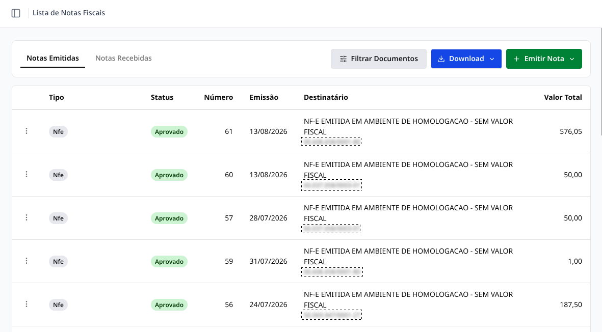 Lista de notas fiscais