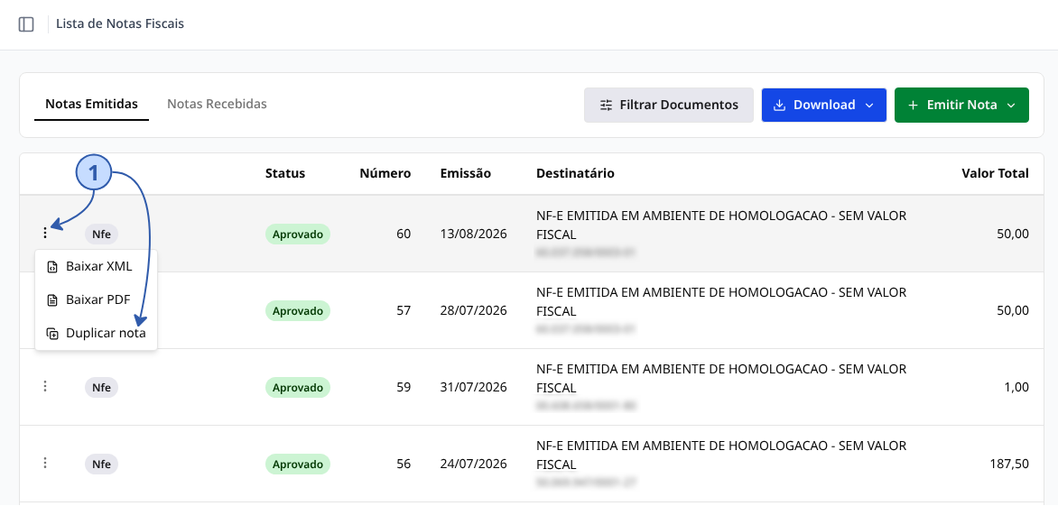Menu de ações da linha na lista de notas